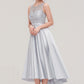 Bateau Sleeveless Tea-Length Satin A-line/Princess Bridesmaid Dresses With Sashes Lace Marcie DEP0025495