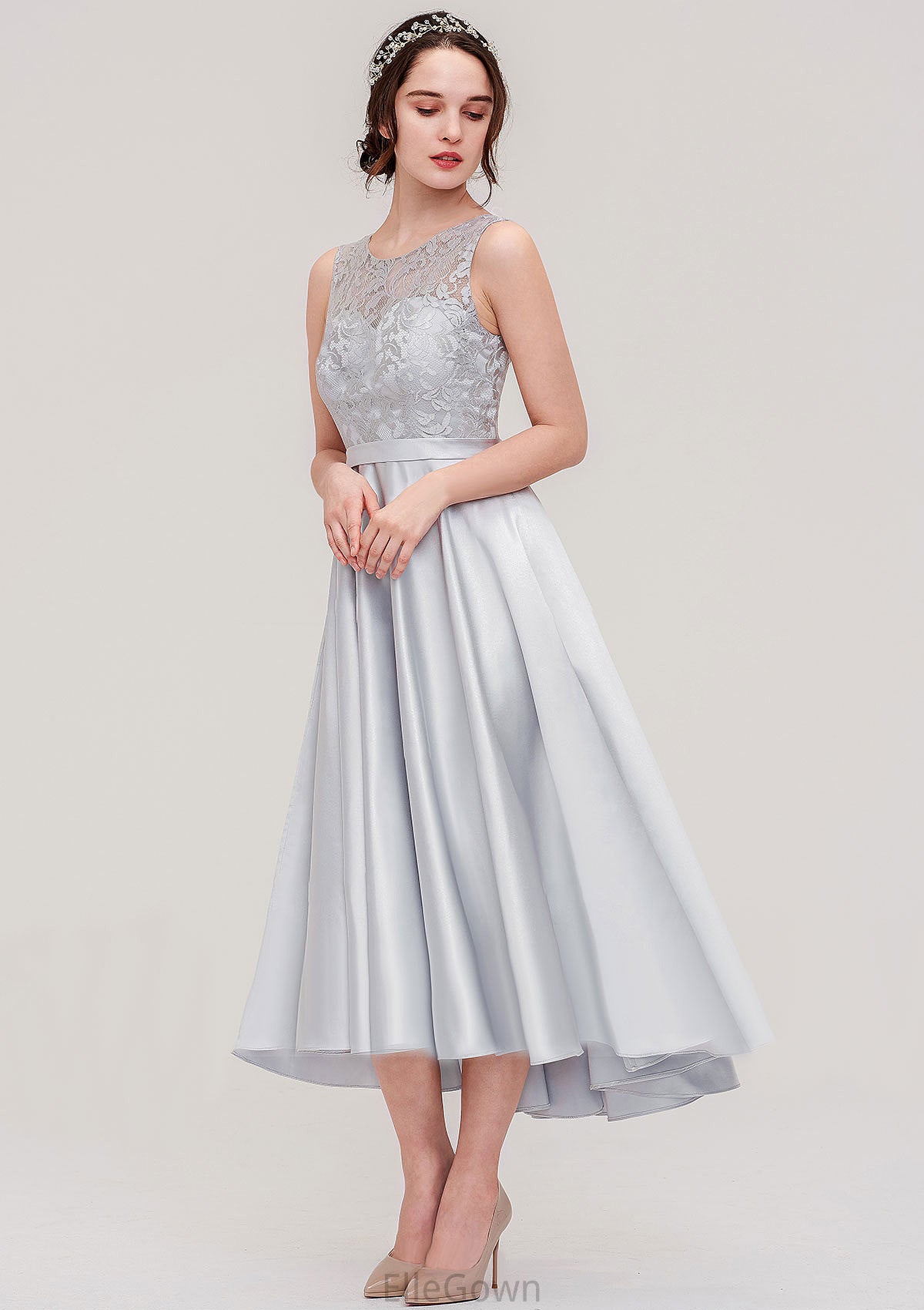 Bateau Sleeveless Tea-Length Satin A-line/Princess Bridesmaid Dresses With Sashes Lace Marcie DEP0025495