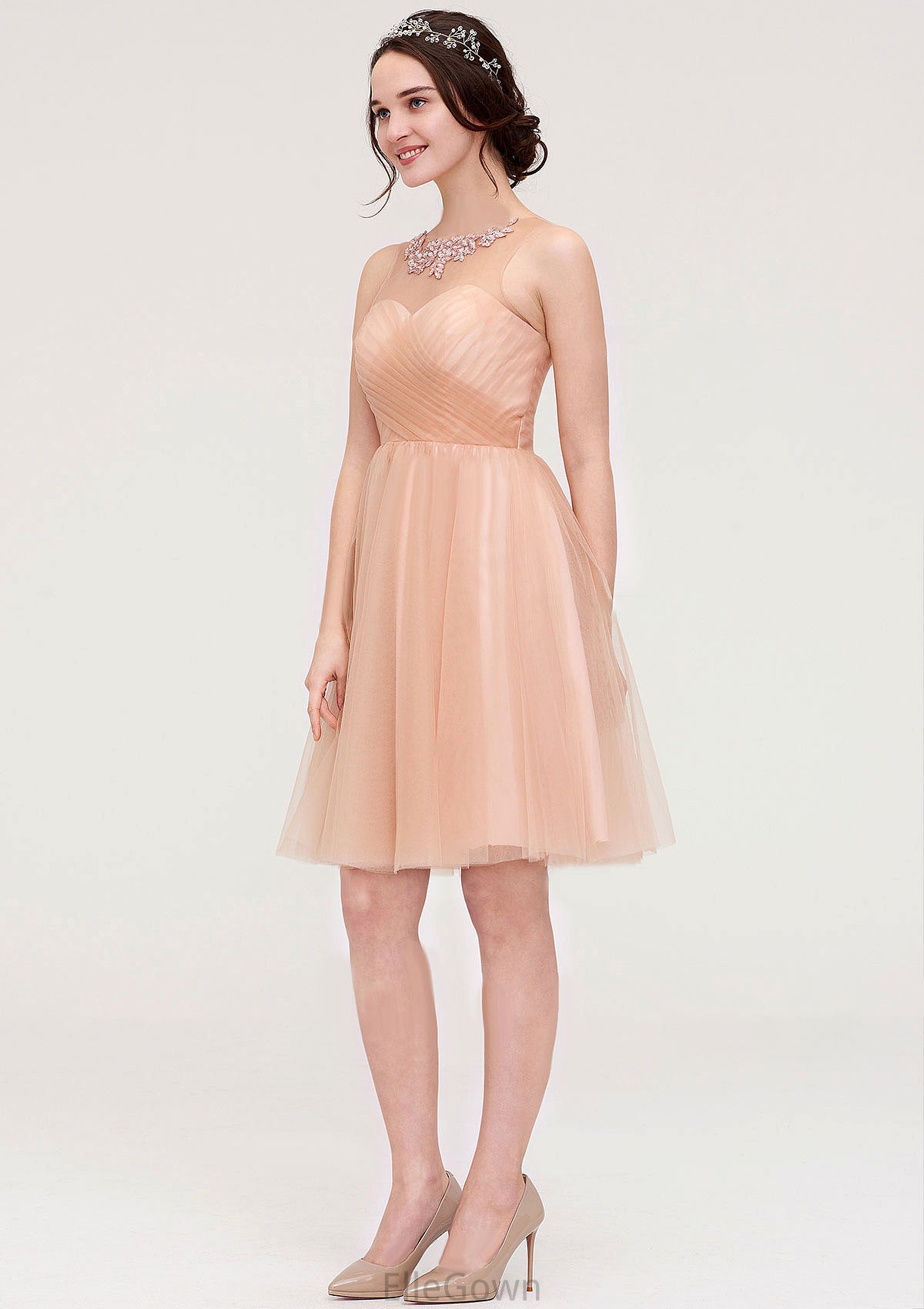 Bateau Sleeveless A-line/Princess Tulle Knee-Length Bridesmaid Dresses With Pleated Beading Evelin DEP0025498