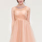 Bateau Sleeveless A-line/Princess Tulle Knee-Length Bridesmaid Dresses With Pleated Beading Evelin DEP0025498