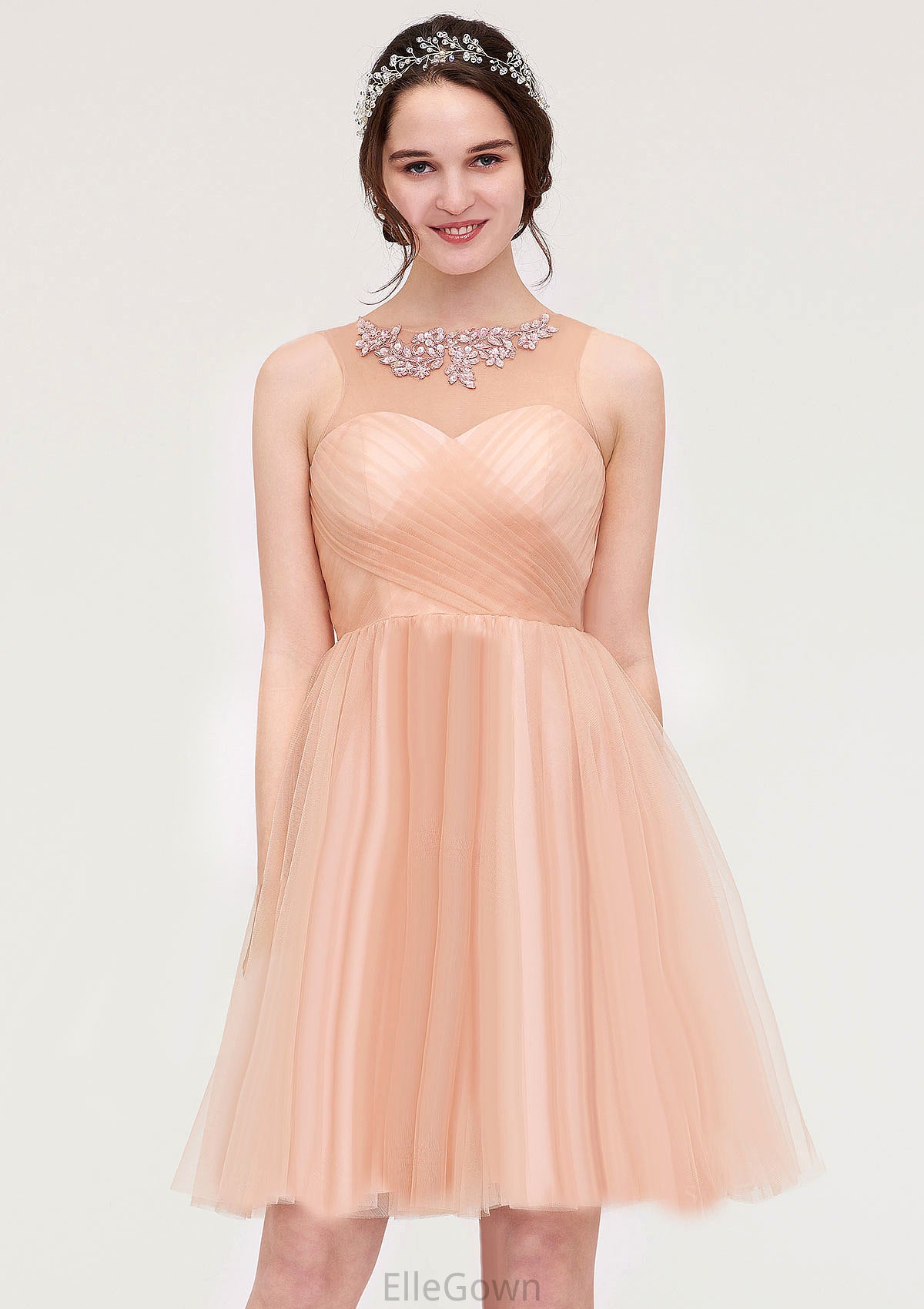 Bateau Sleeveless A-line/Princess Tulle Knee-Length Bridesmaid Dresses With Pleated Beading Evelin DEP0025498