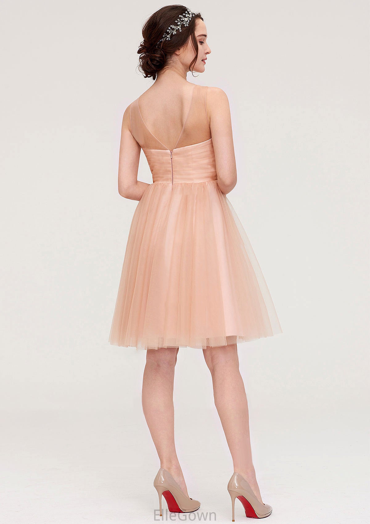 Bateau Sleeveless A-line/Princess Tulle Knee-Length Bridesmaid Dresses With Pleated Beading Evelin DEP0025498