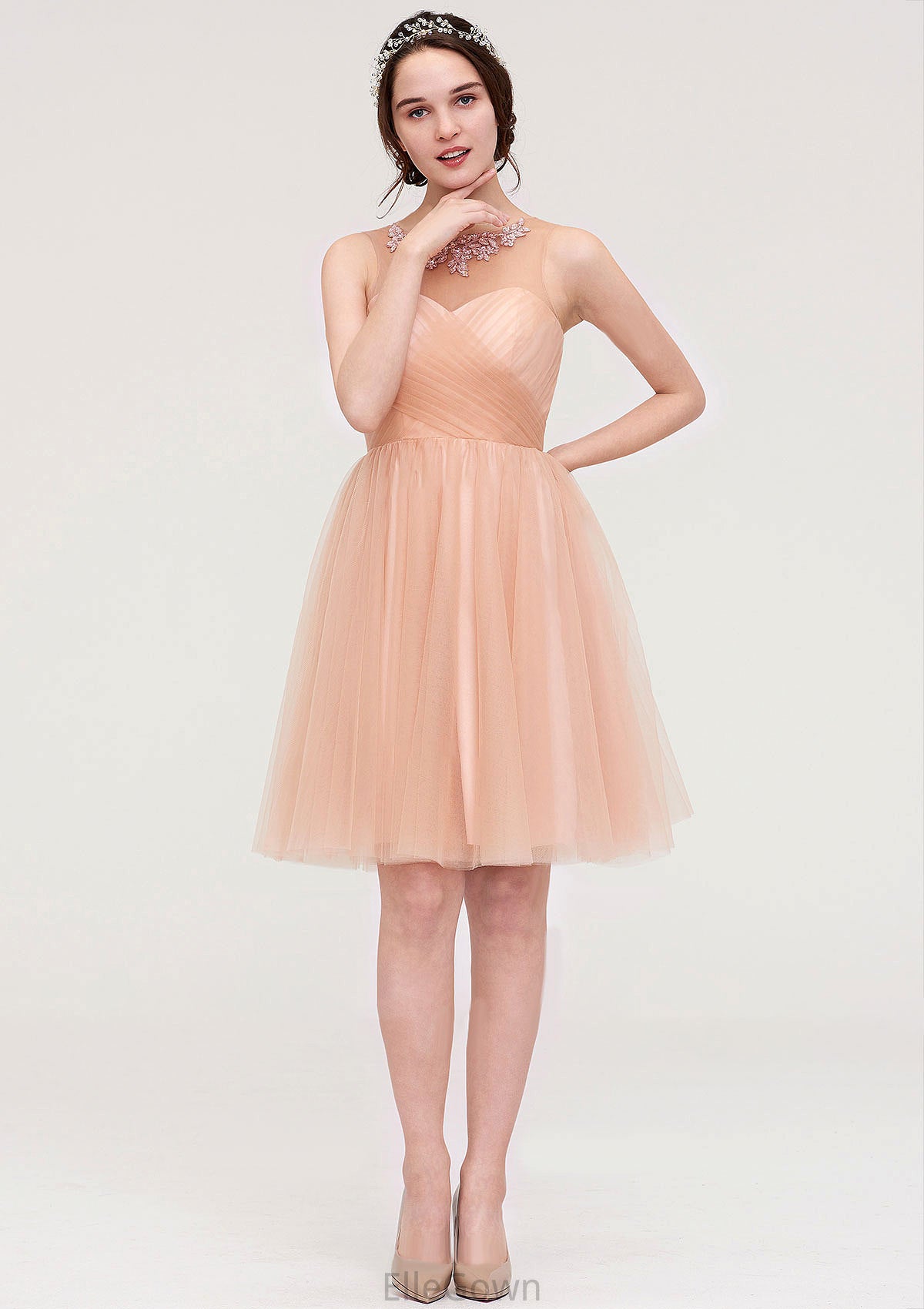 Bateau Sleeveless A-line/Princess Tulle Knee-Length Bridesmaid Dresses With Pleated Beading Evelin DEP0025498