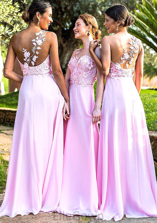 Sleeveless One-Shoulder Sweep Train A-line/Princess Chiffon Bridesmaid Dresseses With Appliqued Aria DEP0025506