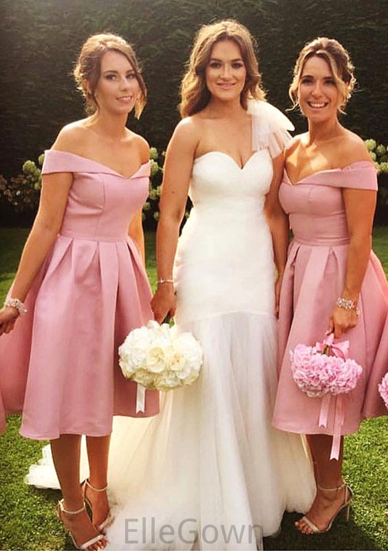 Sleeveless Off-the-Shoulder Tea-Length A-line/Princess Satin Bridesmaid Dresseses With Pleated Genevieve DEP0025508