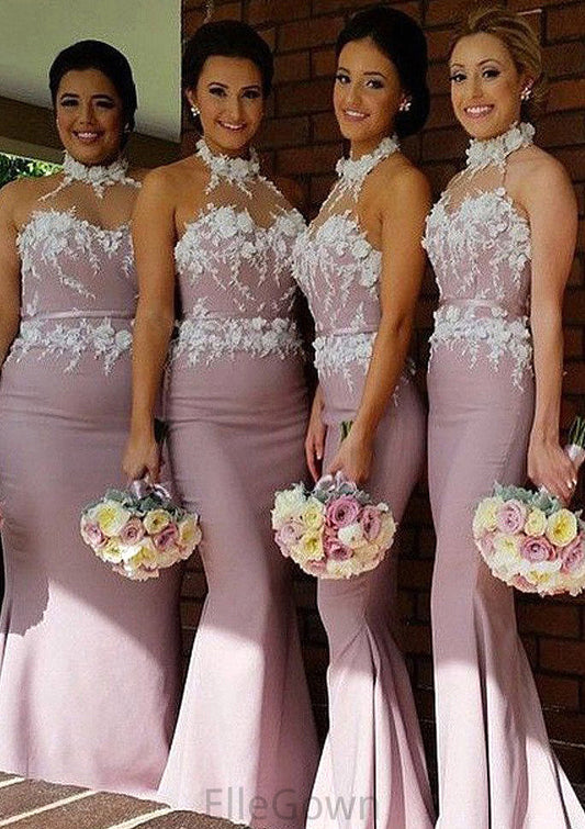 Halter Sleeveless Sweep Train Sheath/Column Satin Bridesmaid Dresses With Appliqued Ashlynn DEP0025515