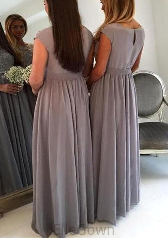 Bateau A-Line/Princess Long/Floor-Length Chiffon Bridesmaid Dresses With Appliqued Emmy DEP0025517