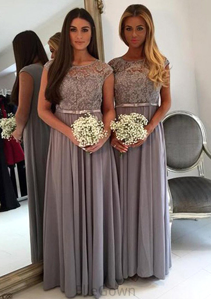 Bateau A-Line/Princess Long/Floor-Length Chiffon Bridesmaid Dresses With Appliqued Emmy DEP0025517