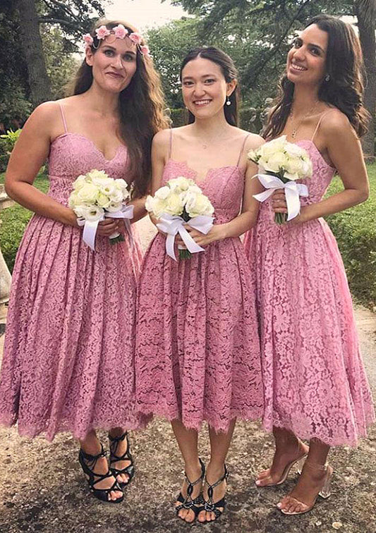 Sleeveless Sweetheart Tea-Length A-line/Princess Lace Bridesmaid Dresseses With Pleated Mara DEP0025518