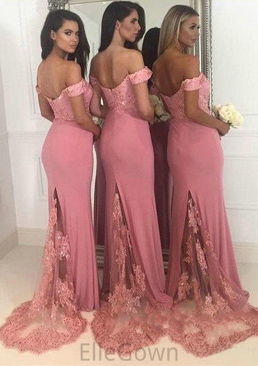 Sleeveless Off-the-Shoulder Sweep Train Sheath/Column Jersey Bridesmaid Dresseses With Lace Beading Lilly DEP0025519