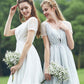 Short/Mini Scalloped Neck Short Sleeve Chiffon A-line/Princess Bridesmaid Dresseses With Lace Cali DEP0025520