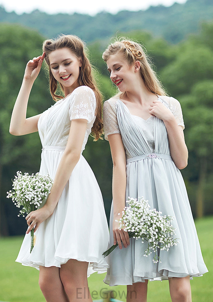 Short/Mini Scalloped Neck Short Sleeve Chiffon A-line/Princess Bridesmaid Dresseses With Lace Cali DEP0025520