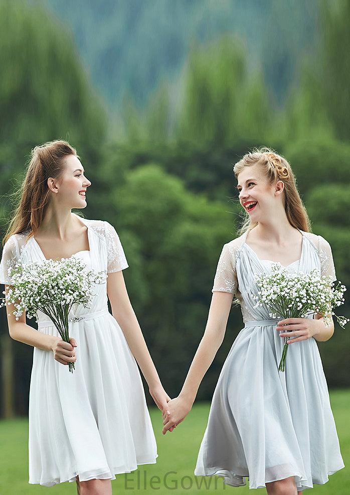 Short/Mini Scalloped Neck Short Sleeve Chiffon A-line/Princess Bridesmaid Dresseses With Lace Cali DEP0025520