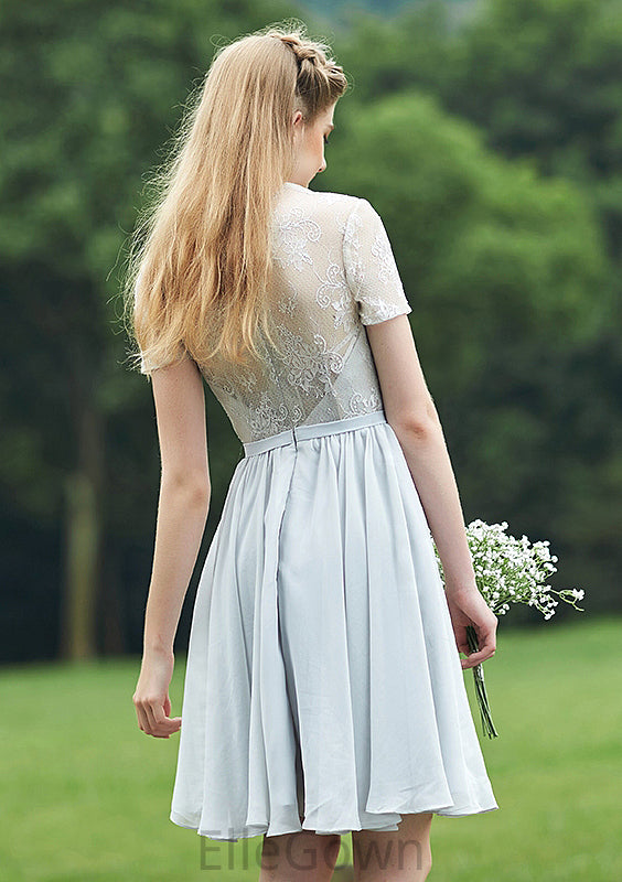 Short/Mini Scalloped Neck Short Sleeve Chiffon A-line/Princess Bridesmaid Dresseses With Lace Cali DEP0025520