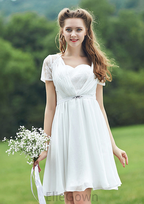 Short/Mini Scalloped Neck Short Sleeve Chiffon A-line/Princess Bridesmaid Dresseses With Lace Cali DEP0025520