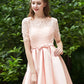 Bateau Short Sleeve Short/Mini A-line/Princess Satin Bridesmaid Dresses With Waistband Pleated Lace Kyla DEP0025521