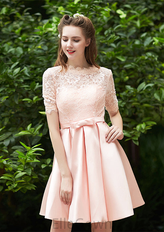 Bateau Short Sleeve Short/Mini A-line/Princess Satin Bridesmaid Dresses With Waistband Pleated Lace Kyla DEP0025521