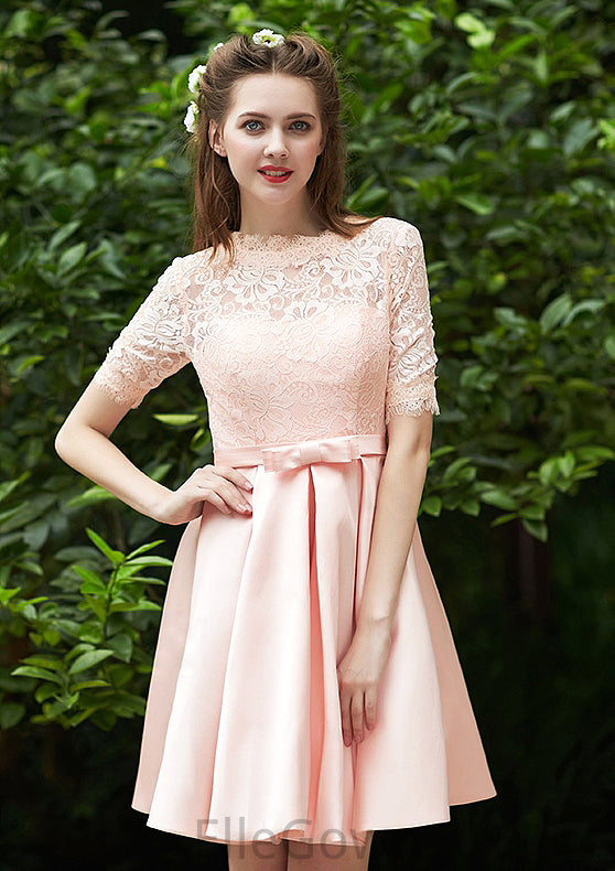 Bateau Short Sleeve Short/Mini A-line/Princess Satin Bridesmaid Dresses With Waistband Pleated Lace Kyla DEP0025521