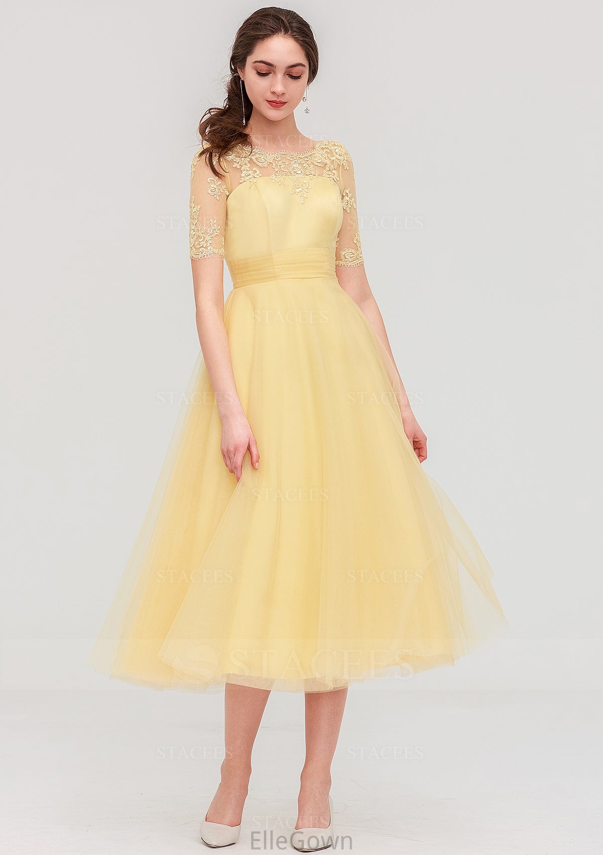 Bateau Short Sleeve A-line/Princess Tulle Tea-Length  Bridesmaid Dresses With Pleated Lace Amiya DEP0025522