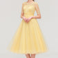 Bateau Short Sleeve A-line/Princess Tulle Tea-Length  Bridesmaid Dresses With Pleated Lace Amiya DEP0025522