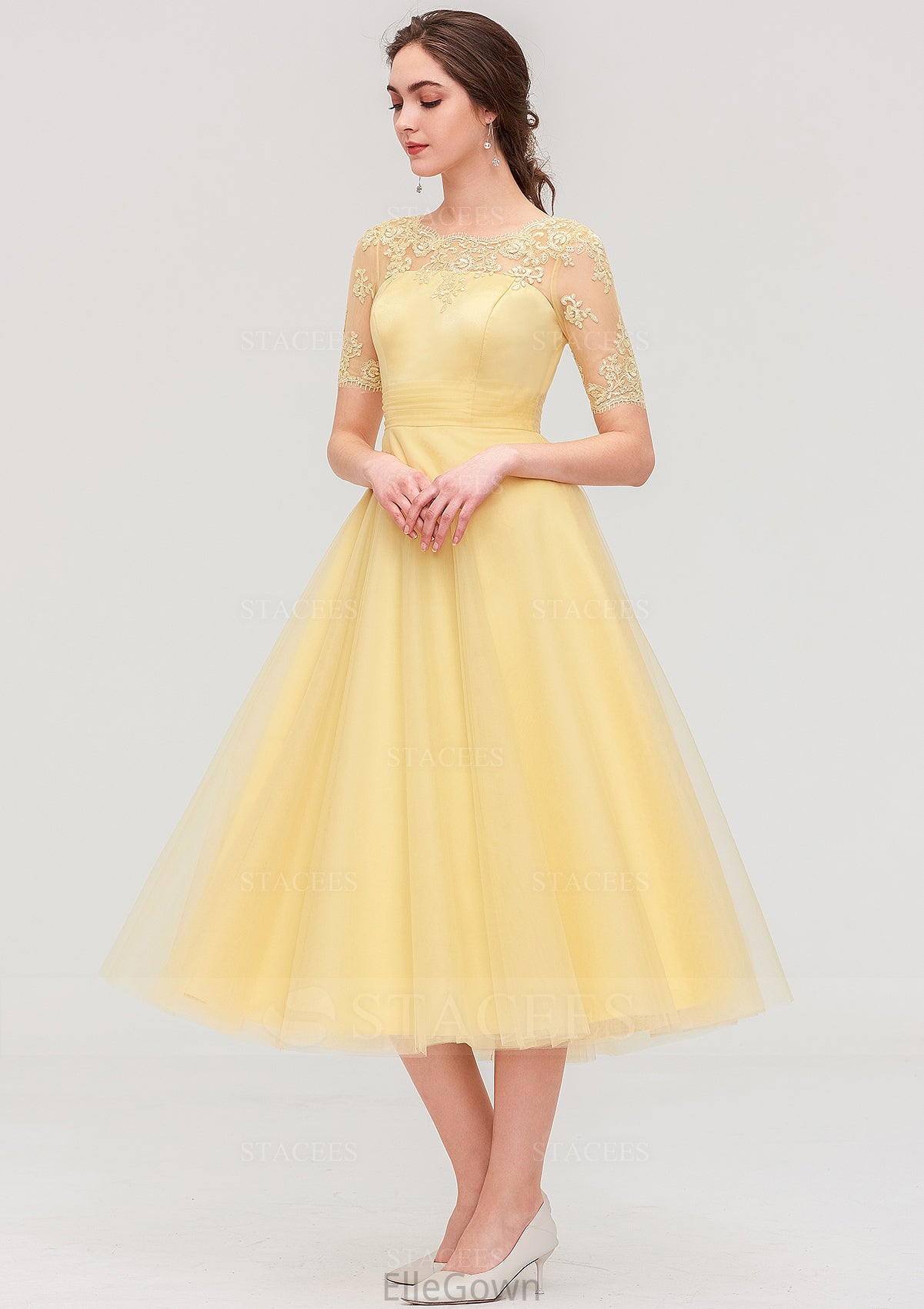 Bateau Short Sleeve A-line/Princess Tulle Tea-Length  Bridesmaid Dresses With Pleated Lace Amiya DEP0025522