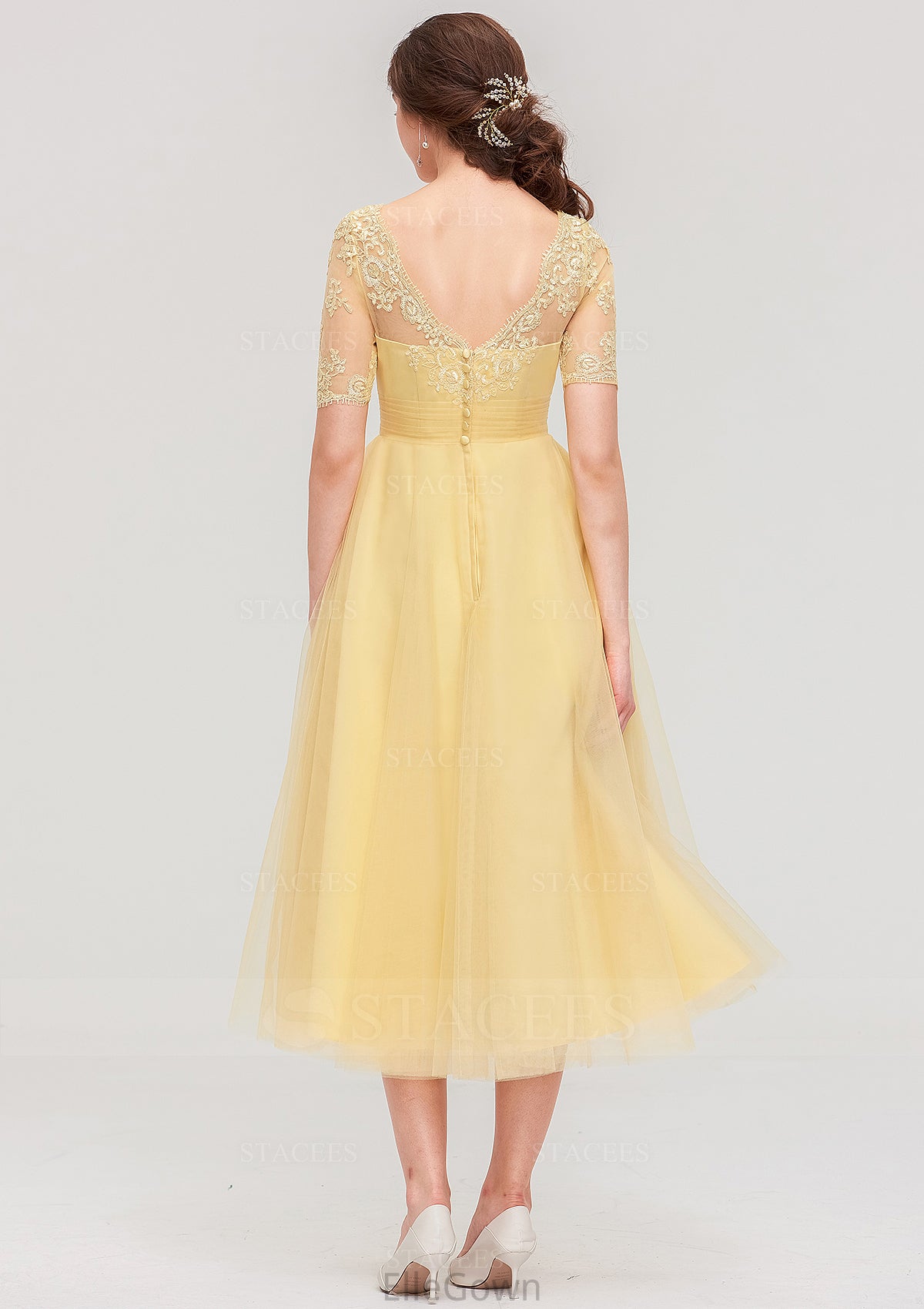 Bateau Short Sleeve A-line/Princess Tulle Tea-Length  Bridesmaid Dresses With Pleated Lace Amiya DEP0025522