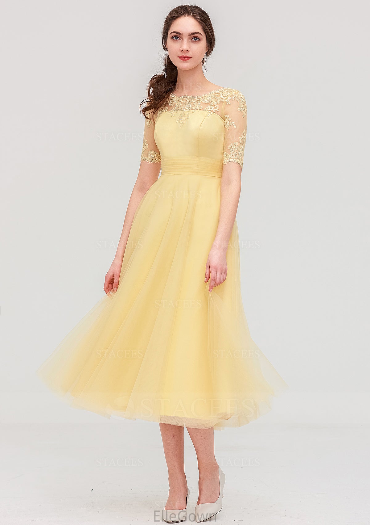 Bateau Short Sleeve A-line/Princess Tulle Tea-Length  Bridesmaid Dresses With Pleated Lace Amiya DEP0025522