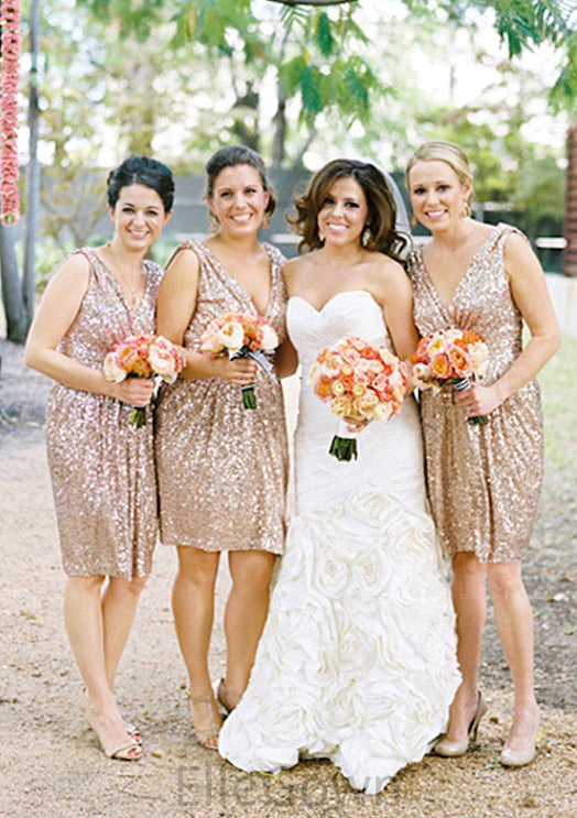 Sleeveless V Neck Knee-Length A-line/Princess Sequined Bridesmaid Dresses Karlee DEP0025527