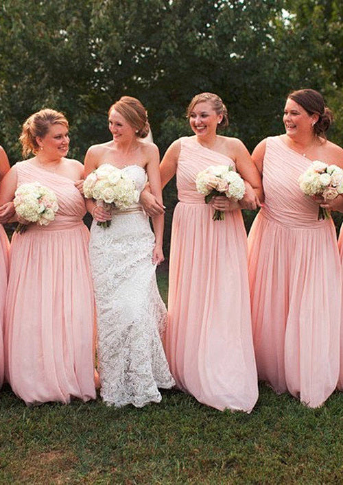 One-Shoulder A-Line/Princess Long/Floor-Length Chiffon Bridesmaid Dresses With Pleated Bria DEP0025529