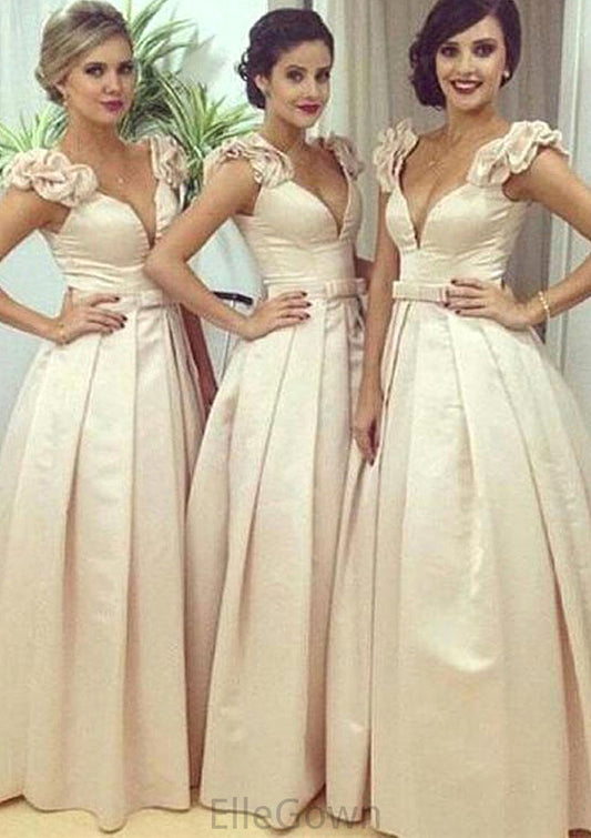 Sleeveless V Neck Long/Floor-Length A-line/Princess Satin Bridesmaid Dresseses With Pleated Waistband Haley DEP0025536