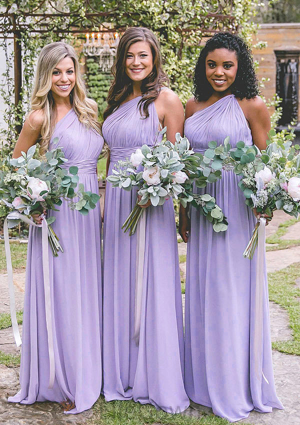 One-Shoulder A-Line/Princess Long/Floor-Length Chiffon Bridesmaid Dresses With Pleated Briana DEP0025544