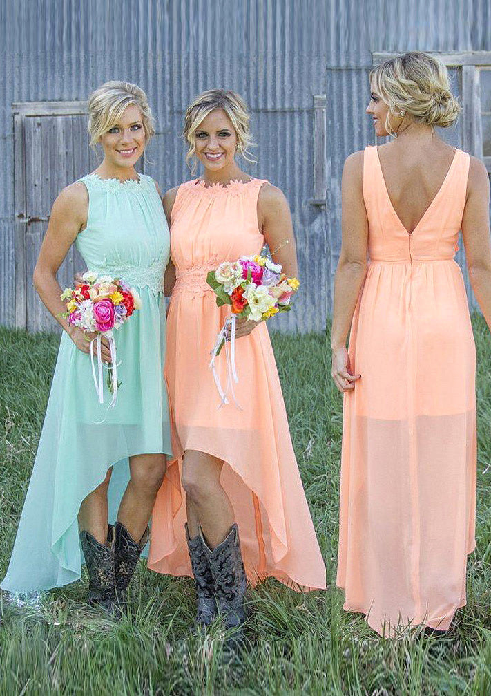 Sleeveless Bateau Asymmetrical A-Line/Princess Chiffon Bridesmaid Dresses With Appliqued Allie DEP0025549