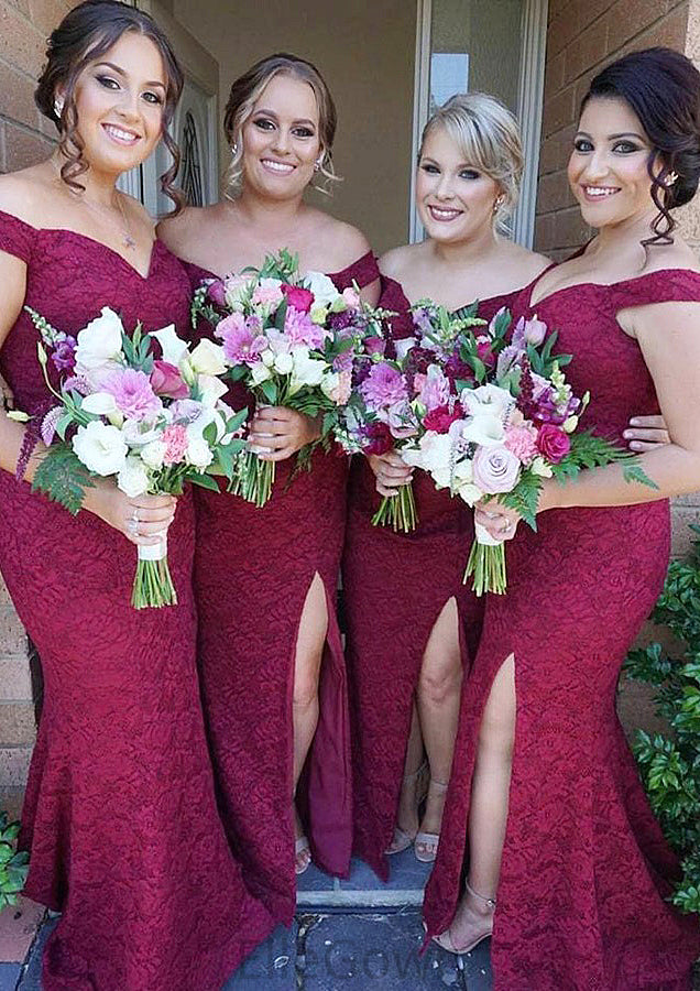 Sleeveless Off-the-Shoulder Long/Floor-Length Trumpet/Mermaid Lace Bridesmaid Dresseses With Split Yasmin DEP0025562