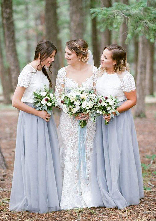 Short Sleeve Scoop Neck Long/Floor-Length A-line/Princess Tulle Bridesmaid Dresseses With Lace Jaylene DEP0025563