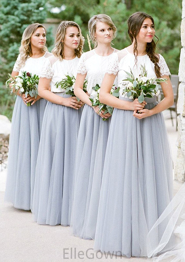 Short Sleeve Scoop Neck Long/Floor-Length A-line/Princess Tulle Bridesmaid Dresseses With Lace Jaylene DEP0025563