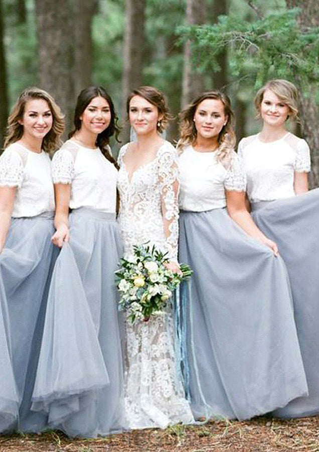 Short Sleeve Scoop Neck Long/Floor-Length A-line/Princess Tulle Bridesmaid Dresseses With Lace Jaylene DEP0025563