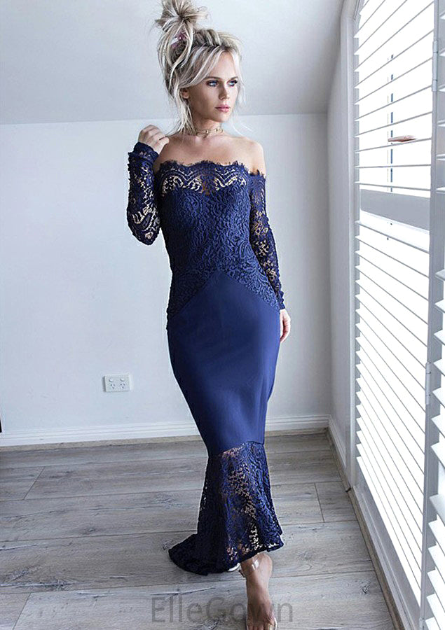 Off-the-Shoulder Full/Long Sleeve Asymmetrical Trumpet/Mermaid Lace Bridesmaid Dresseses Jaliyah DEP0025566