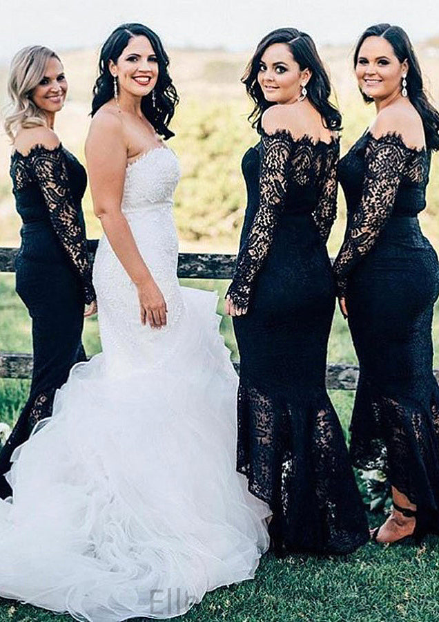 Off-the-Shoulder Full/Long Sleeve Asymmetrical Trumpet/Mermaid Lace Bridesmaid Dresseses Jaliyah DEP0025566