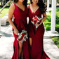 Sleeveless V Neck Court Train Sheath/Column Elastic Satin Bridesmaid Dresseses With Split Leanna DEP0025567