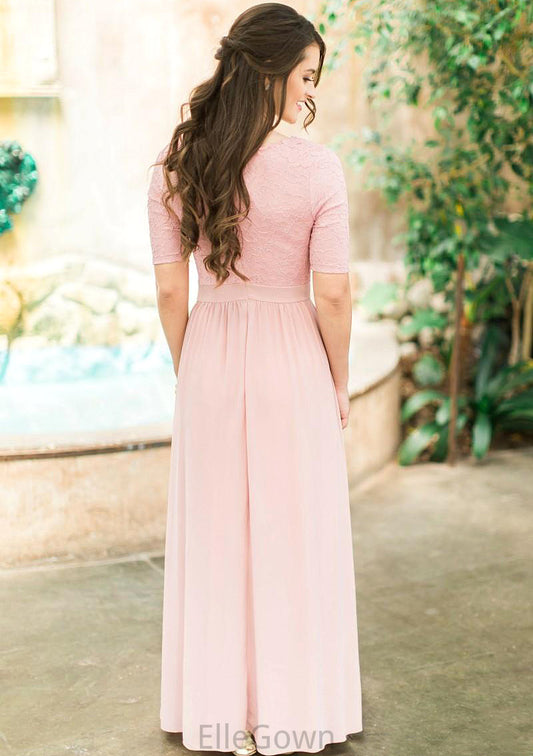 Scoop Neck Short Sleeve Ankle-Length A-line/Princess Chiffon Bridesmaid Dresses With Lace Pleated Jadyn DEP0025580