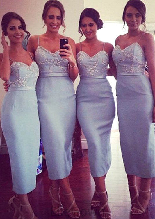 Sleeveless V Neck Tea-Length Sheath/Column Elastic Satin Bridesmaid Dresseses With Appliqued Mackenzie DEP0025581