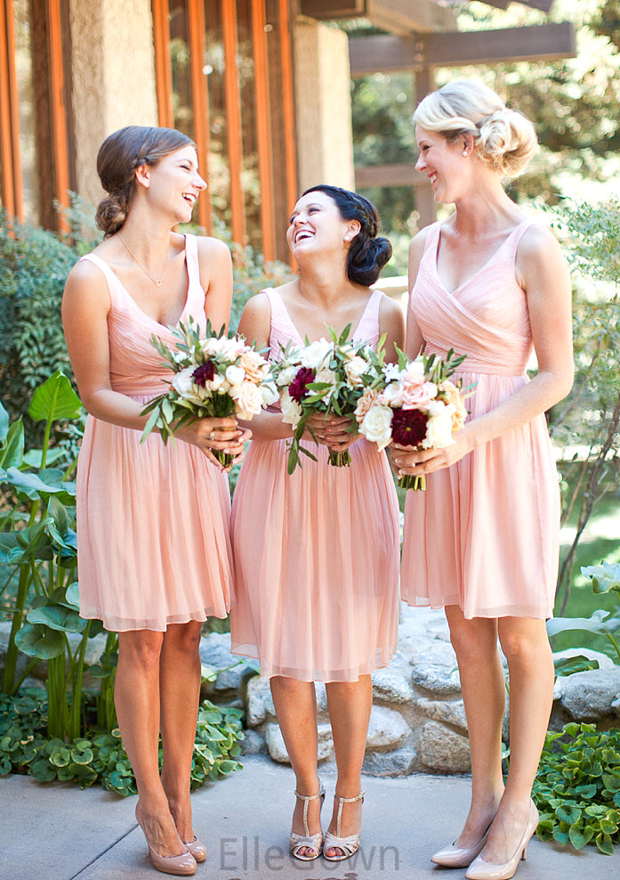 Sleeveless V Neck Short/Mini Chiffon A-line/Princess Bridesmaid Dresseses With Pleated Xiomara DEP0025585