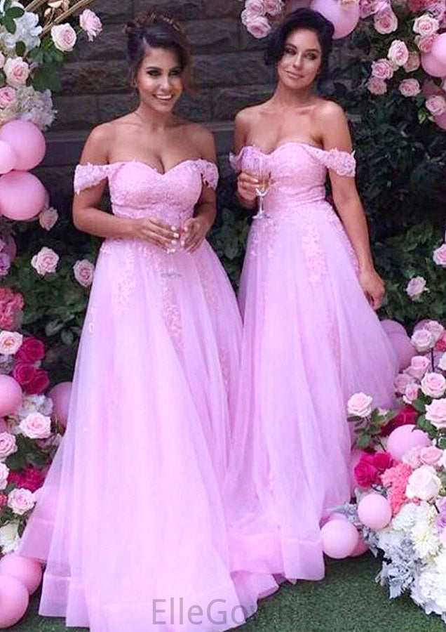 Sleeveless Off-the-Shoulder Long/Floor-Length Tulle A-line/Princess Bridesmaid Dresseses With Lace Roselyn DEP0025589