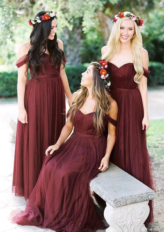 Sleeveless Off-the-Shoulder Long/Floor-Length Tulle A-line/Princess Bridesmaid Dresseses With Pleated Leila DEP0025591