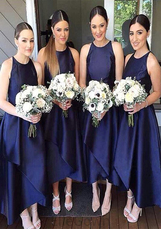 Scoop Neck Sleeveless Asymmetrical A-line/Princess Satin Bridesmaid Dresseses With Pleated Amiyah DEP0025599