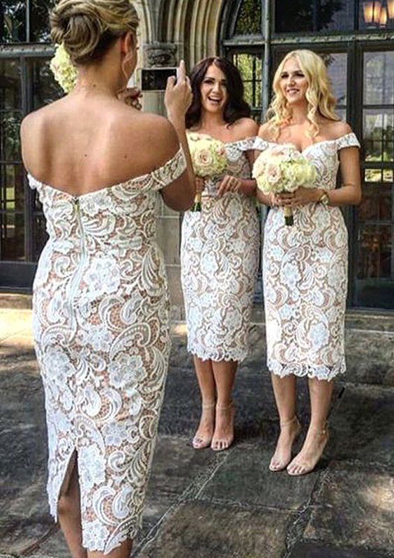 Sheath/Column Off-the-Shoulder Tea-Length Sheath/Column Lace Bridesmaid Dresseses With Split Natalya DEP0025601