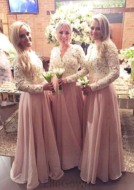 Full/Long Sleeve Scalloped Neck A-line/Princess Chiffon Long/Floor-Length Bridesmaid Dresseses With Beading Lace Shirley DEP0025602