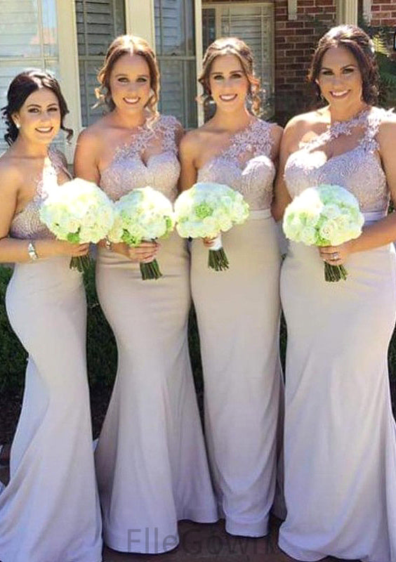 Sleeveless One-Shoulder Long/Floor-Length Trumpet/Mermaid Elastic Satin Bridesmaid Dresseses With Lace Nicky DEP0025605