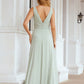 A-line Bateau Sleeveless Chiffon Long/Floor-Length Bridesmaid Dresses Ruffles Pleated Ansley DEP0025608