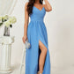 A-line V Neck Sleeveless Chiffon Long/Floor-Length Bridesmaid Dresses With Pleated Split Genesis DEP0025609